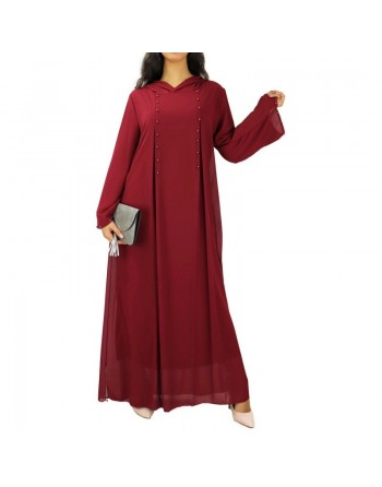 Robe longue fluide à capuche ornée de perles pour femme - Couleur Bordeaux 