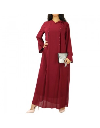 Robe longue fluide à capuche ornée de perles pour femme - Couleur Bordeaux 