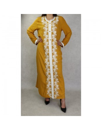 Robe orientale brodée manches longues pour femme - Couleur moutarde 