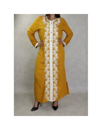Robe orientale brodée manches longues pour femme - Couleur moutarde 