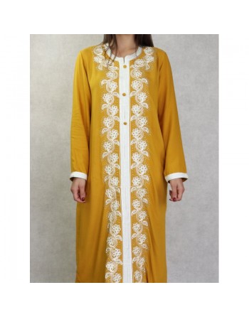 Robe orientale brodée manches longues pour femme - Couleur moutarde 