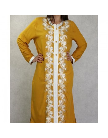 Robe orientale brodée manches longues pour femme - Couleur moutarde 