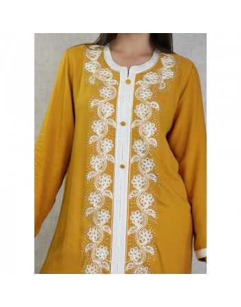 Robe orientale brodée manches longues pour femme - Couleur moutarde 