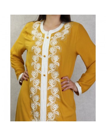 Robe orientale brodée manches longues pour femme - Couleur moutarde 