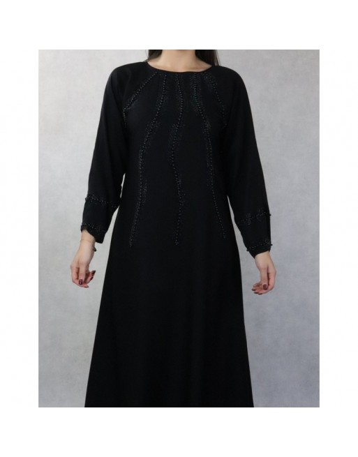 Robe de soirée Abaya ample Dubaï noire de qualité avec nombreuses perles noires et strass Robe de soirée Abaya ample Dubaï noire de qualité avec nombreuses perles noires et strass