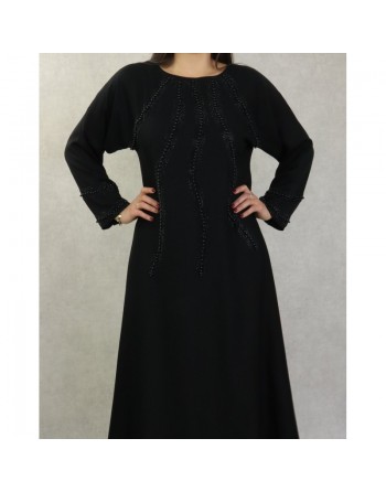 Robe de soirée Abaya ample Dubaï noire de qualité avec nombreuses perles noires et strass 