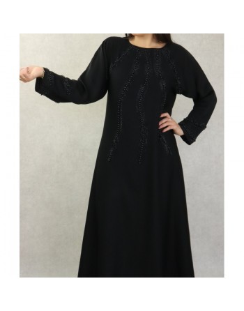 Robe de soirée Abaya ample Dubaï noire de qualité avec nombreuses perles noires et strass 