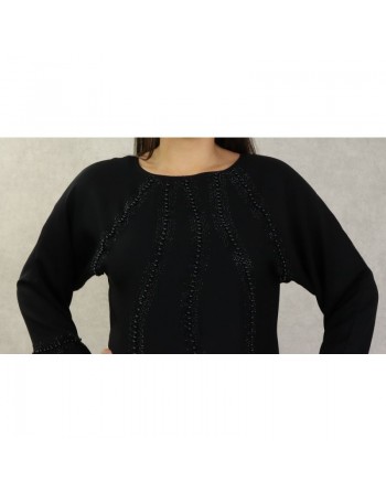 Robe de soirée Abaya ample Dubaï noire de qualité avec nombreuses perles noires et strass 