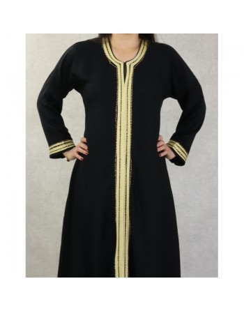 Robe Abaya Dubaï noire de qualité avec bande brodée dorée et strass 