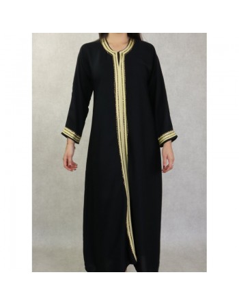 Robe Abaya Dubaï noire de qualité avec bande brodée dorée et strass 