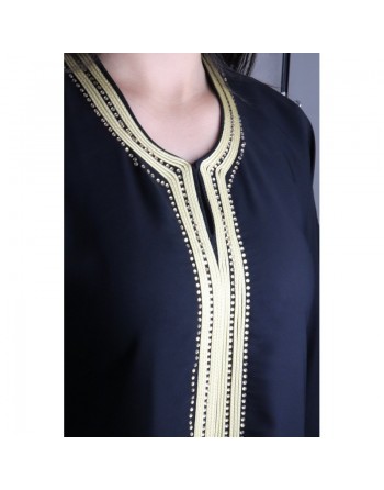 Robe Abaya Dubaï noire de qualité avec bande brodée dorée et strass 