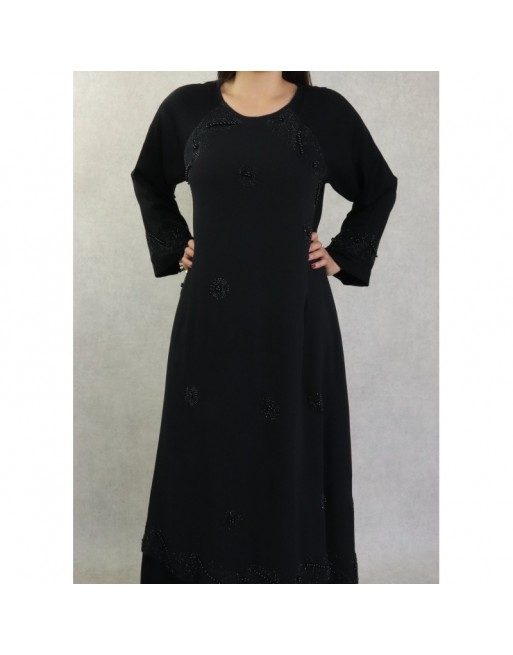 Robe Abaya Dubaï noire de qualité ample avec strass et perles noires Robe Abaya Dubaï noire de qualité ample avec strass et perles noires
