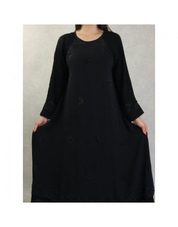 Robe Abaya Dubaï noire de qualité ample avec strass et perles noires 