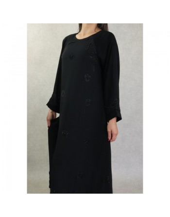 Robe Abaya Dubaï noire de qualité ample avec strass et perles noires 