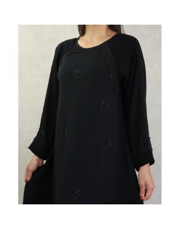 Robe Abaya Dubaï noire de qualité ample avec strass et perles noires 
