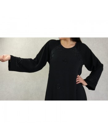 Robe Abaya Dubaï noire de qualité ample avec strass et perles noires 