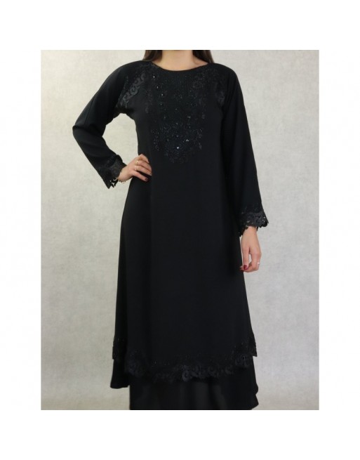 Robe Abaya Dubaï noire de qualité strass et dentelle noires Robe Abaya Dubaï noire de qualité strass et dentelle noires