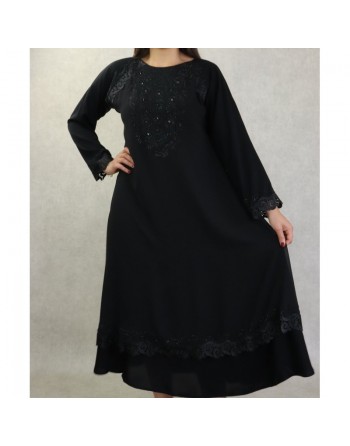 Robe Abaya Dubaï noire de qualité strass et dentelle noires 