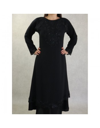Robe Abaya Dubaï noire de qualité strass et dentelle noires 