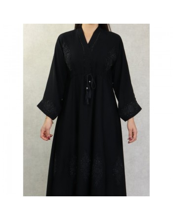 Robe Abaya Dubaï noire ample de qualité avec ceinture interne strass et broderies 