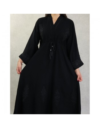 Robe Abaya Dubaï noire ample de qualité avec ceinture interne strass et broderies 