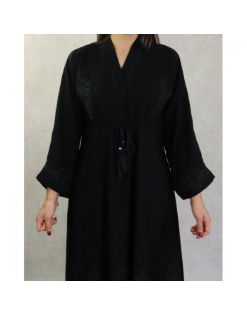 Robe Abaya Dubaï noire ample de qualité avec ceinture interne strass et broderies 