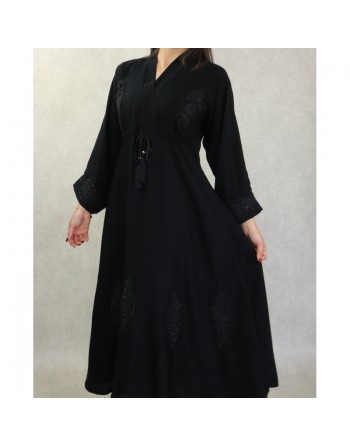 Robe Abaya Dubaï noire ample de qualité avec ceinture interne strass et broderies 