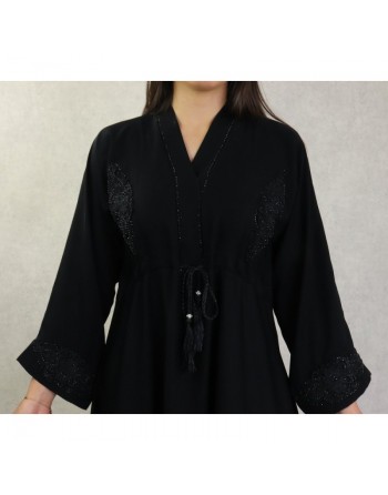 Robe Abaya Dubaï noire ample de qualité avec ceinture interne strass et broderies 
