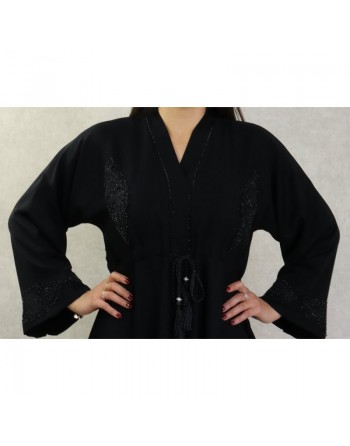 Robe Abaya Dubaï noire ample de qualité avec ceinture interne strass et broderies 