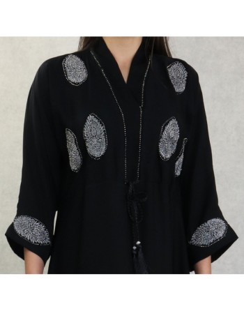 Robe Abaya Dubaï noire de qualité avec broderie et strass argenté et ceinture interne 