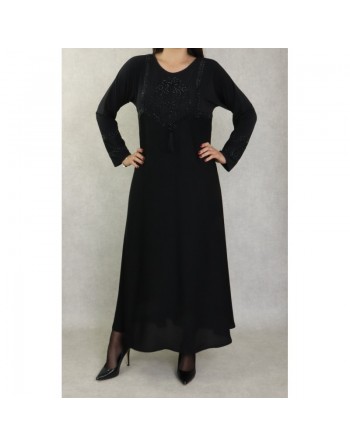 Robe Abaya Dubaï noire de qualité avec broderie et strass dorés et ceinture interne 