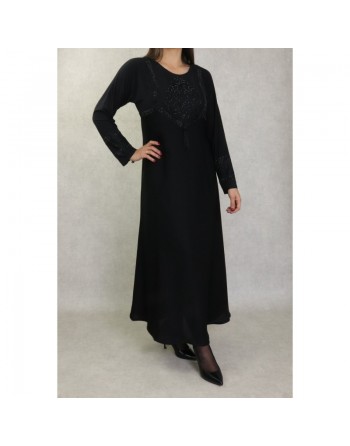 Robe Abaya Dubaï noire de qualité avec broderie et strass dorés et ceinture interne 