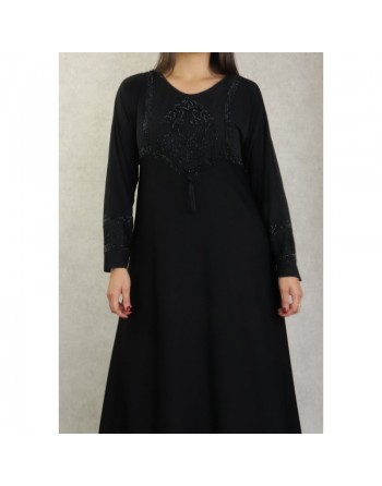 Robe Abaya Dubaï noire de qualité avec broderie et strass dorés et ceinture interne 