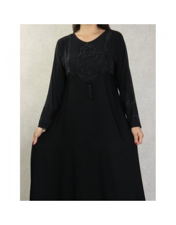 Robe Abaya Dubaï noire de qualité avec broderie et strass dorés et ceinture interne 