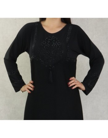 Robe Abaya Dubaï noire de qualité avec broderie et strass dorés et ceinture interne 