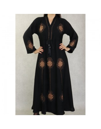 Robe de soirée Abaya Dubaï noire ample de qualité avec broderie, strass dorés et ceinture interne 