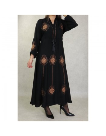 Robe de soirée Abaya Dubaï noire ample de qualité avec broderie, strass dorés et ceinture interne 