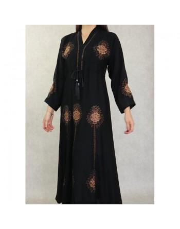 Robe de soirée Abaya Dubaï noire ample de qualité avec broderie, strass dorés et ceinture interne 