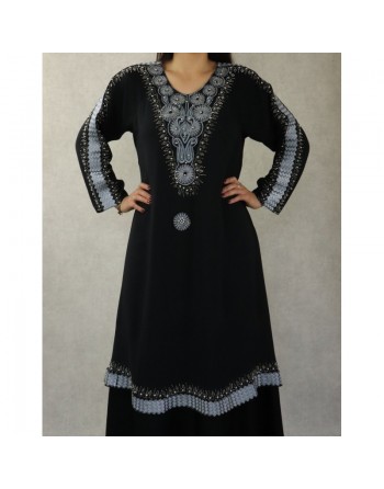 Robe de soirée Abaya Dubaï noire de qualité avec broderie perles et strass argentés 