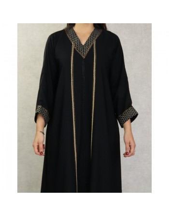 Robe de soirée Abaya Dubaï noire de qualité avec broderie et strass dorés 
