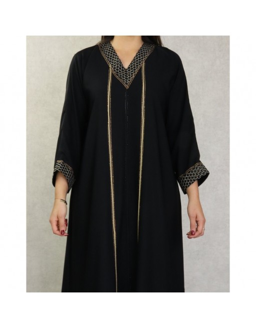 Robe de soirée Abaya Dubaï noire de qualité avec broderie et strass dorés Robe de soirée Abaya Dubaï noire de qualité avec broderie et strass dorés