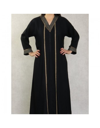 Robe de soirée Abaya Dubaï noire de qualité avec broderie et strass dorés 