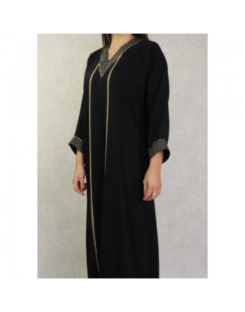 Robe de soirée Abaya Dubaï noire de qualité avec broderie et strass dorés 