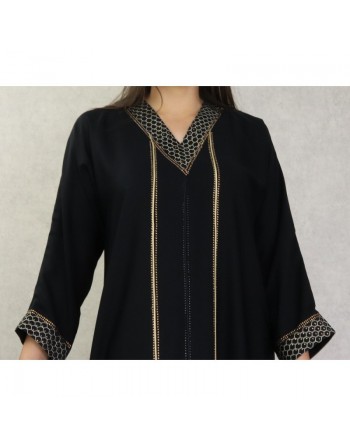 Robe de soirée Abaya Dubaï noire de qualité avec broderie et strass dorés 