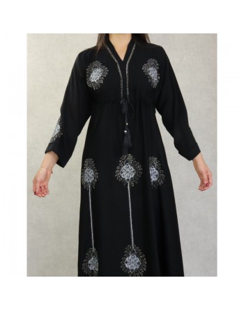 Robe de soirée Abaya Dubaï ample de qualité avec broderie strass argentés et ceinture interne - Couleur noir 