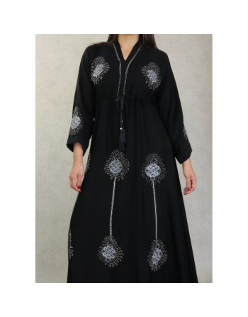 Robe de soirée Abaya Dubaï ample de qualité avec broderie strass argentés et ceinture interne - Couleur noir 