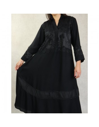 Robe de soirée noire style Abaya Dubaï de qualité avec motifs strass et perles noires 