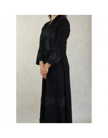 Robe de soirée noire style Abaya Dubaï de qualité avec motifs strass et perles noires 