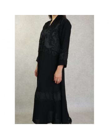 Robe de soirée noire style Abaya Dubaï de qualité avec motifs strass et perles noires 