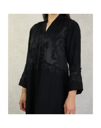 Robe de soirée noire style Abaya Dubaï de qualité avec motifs strass et perles noires 